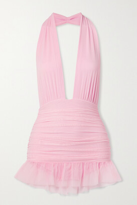 Norma Kamali Mio Ruffled Ruched Stretch-mesh Halterneck Swimsuit - Pink