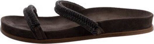 Brunello Cucinelli Suede Slides Brown Monili Leather Trim Embellishment & Leather Trim Designer