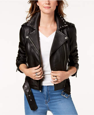 Michael Kors Studded-Collar Leather Moto Jacket - ShopStyle