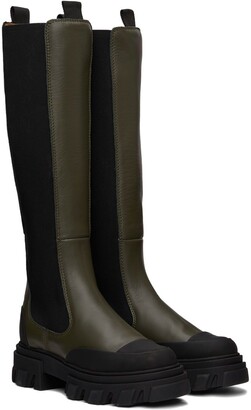 Ganni Khaki & Black Cleated High Chelsea Boots