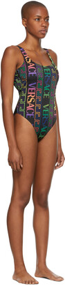 Versace Underwear Black Neon Greca Print One-Piece Swimsuit