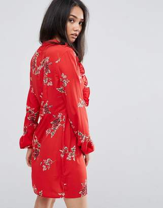 AX Paris Red Floral High Neck Mini Dress With Long Sleeve And Frill Detail