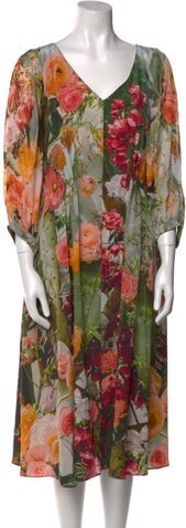 Akris Punto Silk Midi Length Dress w/ Tags Akris Punto Silk Tent Dress Neutrals Floral Print Three-Quarter Sleeve with V-Neck Concealed Zip Closure at Back Designer