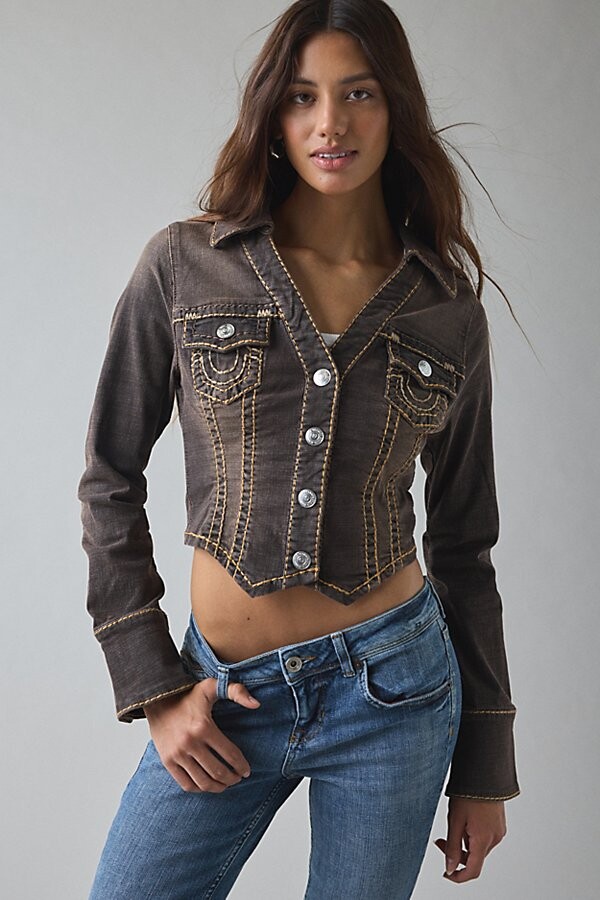 True Religion Slim Fit Cropped Chocolate Denim Jacket in Chocolate