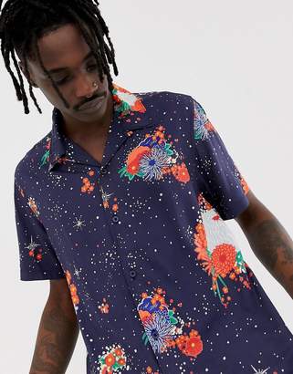 HUF Shirt With All Over Japanese Floral Print In Navy