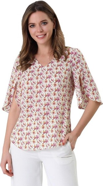 INSPIRE CHIC Women's Casual Elbow Sleeve V Neck Floral Print Blouse White Large
