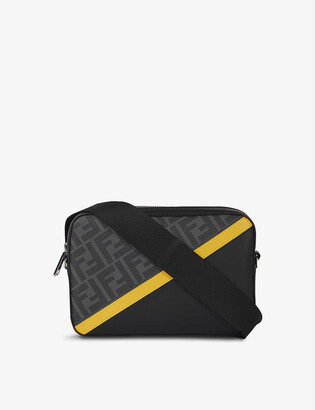 Fendi Mens Black Yellow Logo-print Canvas and Faux-leather Cross-body Camera bag