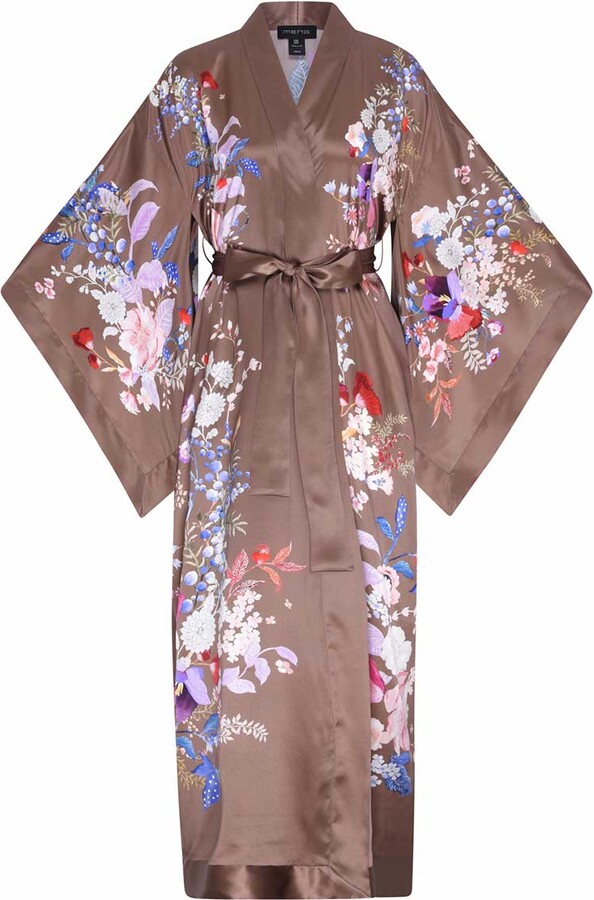 MENG Brown Chocolate Watercolour Flowers Silk Satin Kimono