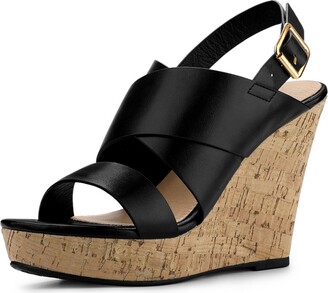 Allegra K Women's Wood Wedges Platform Wedge Sandals Black 10