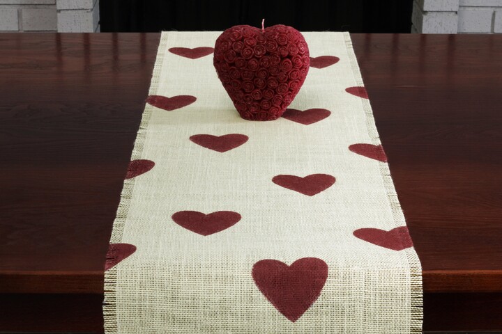 Valentine's Burlap Table Runner, Day Barn Red Heart Decor, Party