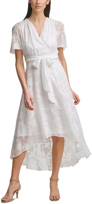 jessica howard balloon sleeve ruffle hem faux wrap midi dress