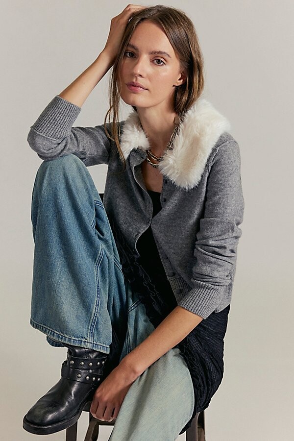 Free People Nocturnal Faux Fur Collar Cardi