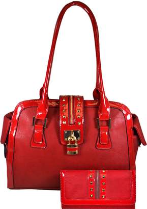 Authentic Arcadia Structu Satchel Handbag w/ Studded Accents and Lock Design JL2662-RD+JLLW8011-RD