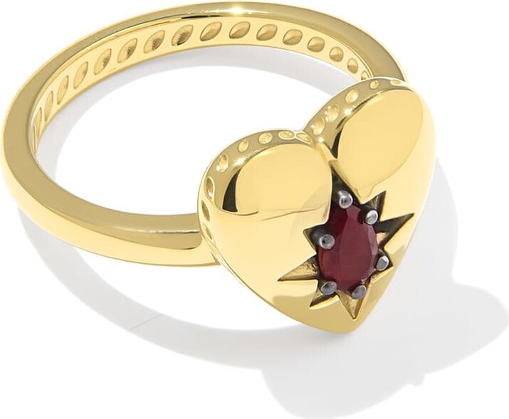 Kendra Scott Bold Heirloom Heart 18k Yellow Gold Vermeil Band Ring | Garnet | Size 8