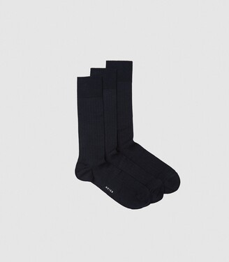 Reiss Fela - Three Pack Ribbed Socks in Navy