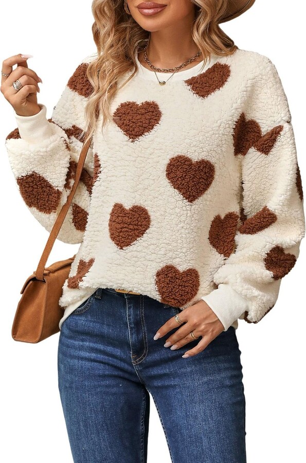 ZYTECO Women's Love Heart Pullover Sweater Crewneck Fuzzy Valentine's Day Tops Casual Fleece Street Sweatshirt