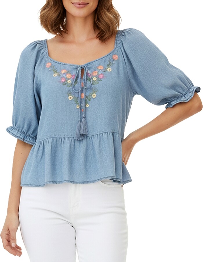 BILLY T Petal Song Embroidered Denim Top