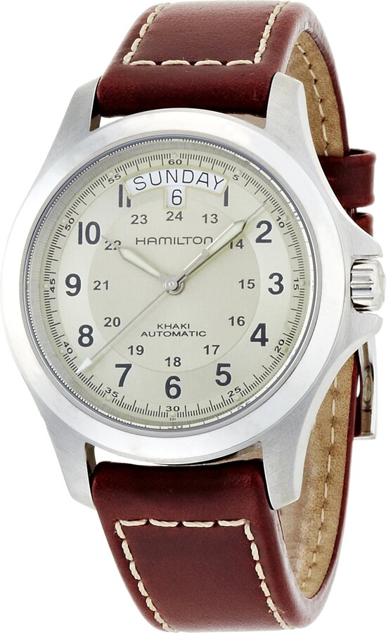 Hamilton Watch Khaki Field King Auto | Swiss Made | 40mm Stainless Steel Case | Beige Dial Analog Watch | Brown Leather Strap (Model: H64455523)