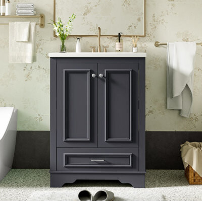 Ebern Designs 24'' Bathroom Vanity Combo | Ceramic Sink Silver Handles Soft Close Doors