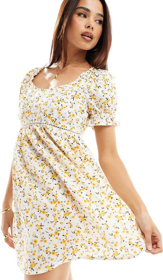 Wednesday's Girl chintzy floral mini smock dress in white and yellow