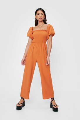 Nasty Gal Womens Why So Puff Sleeve Shirred Culotte Jumpsuit - Orange - 6