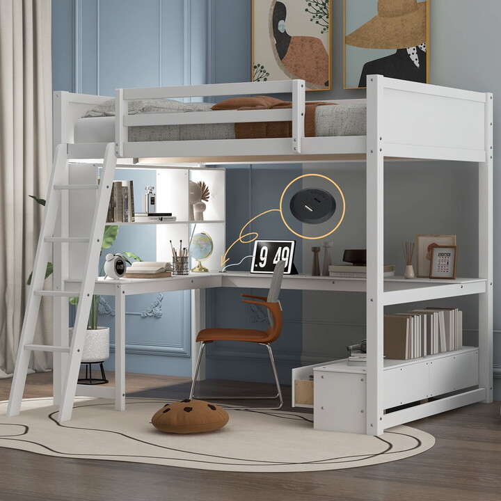 Euroco Wood Full Size Loft Bed with Desk and Shelves, Storage Cabinet and LED Light, USB Charging Station, for Kids Teens White