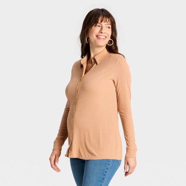 Isabel Maternity by Ingrid & Isabel LongSleeveCollaredNeckRibbedMaternityButton-DownShirt-IsabelMaternitybyIngrid&Isabel™TanXXL