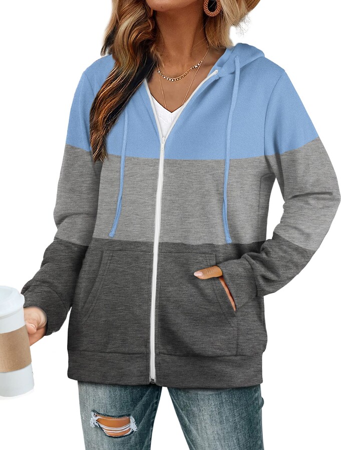 GOSOPIN Womens Long Sleeve Zip-Up Hoodie Jacket Lightweight Patchwork Color Block Sweatshirt Coat S-XXL 