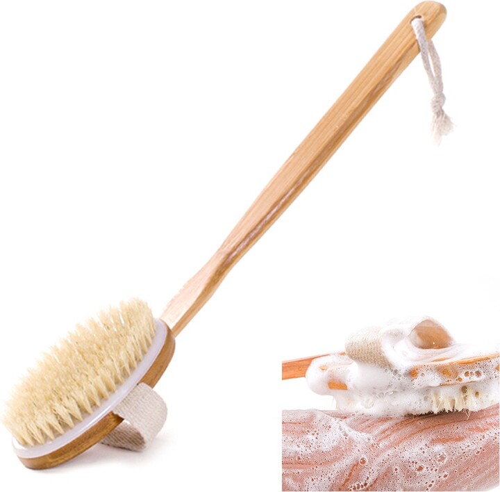 NONE Natural Bath Brush with Long Wooden Handle Shower Body Brush Shower Back Scrubber Bath Sponge for Body Cleaning