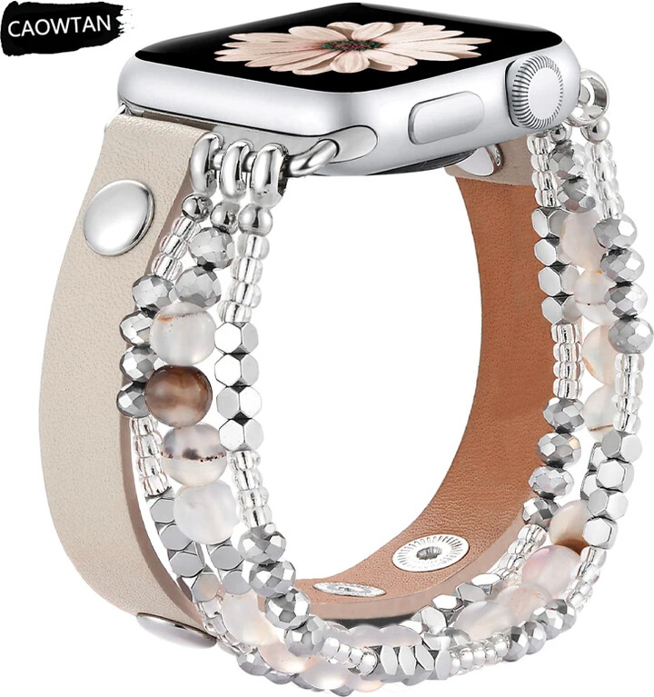 CAOWTAN Beaded Strap For Apple Watch Ultra Band 49mm 46mm 42 45mm 44mm 41mm Women Elastic Leather Bracelet Iwatch Series 10 9 8 7 6 SE 5