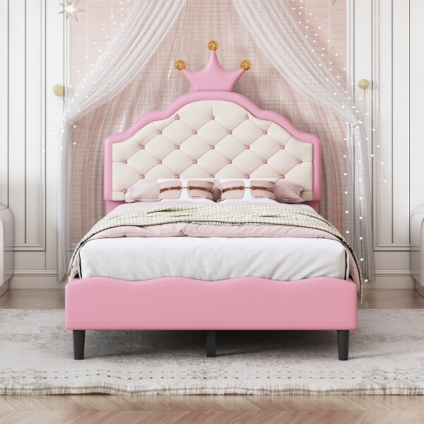 LynginsTwinSizeCrownPULeatherPrincessBedwithTuftedHeadboardNoBoxSpringNeededPink+Cream