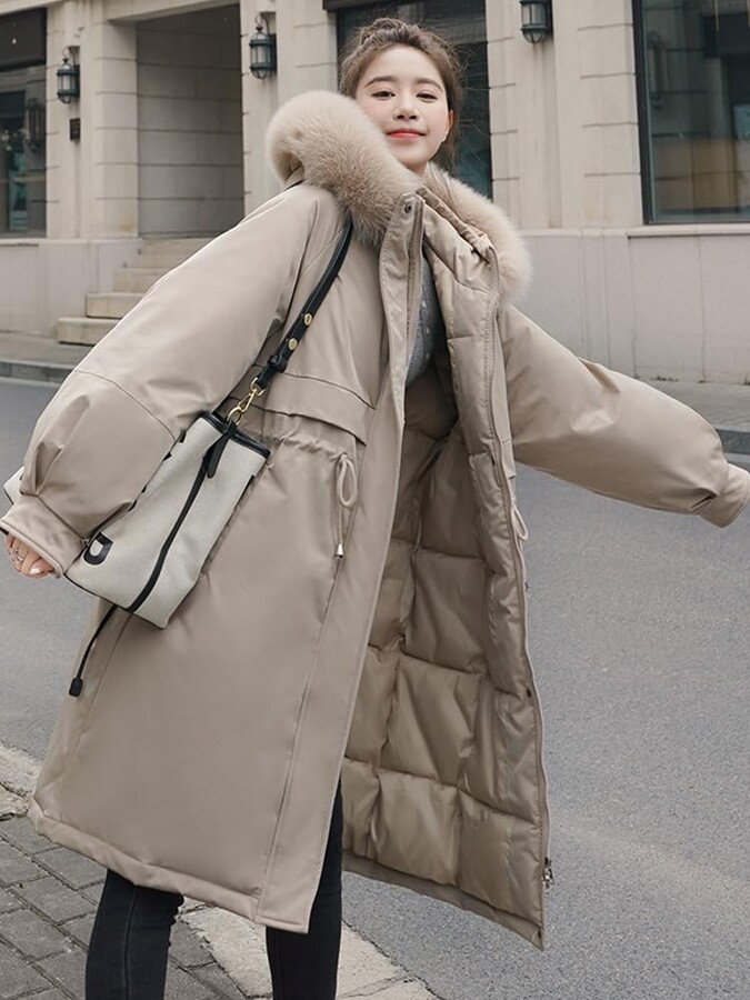 CJQJPNZ Korean Style Women Winter Jacket Oversized Large Size Female Hooded  Fur Collar Coat Long Praka Thicken-XS-Coffee XS Coffee - ShopStyle