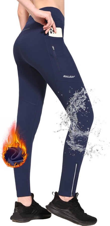 BALEAF Women's Fleece Lined Leggings Water Resistant Winter Clothes Running  Tights Cold Weather Hiking Pants Zip Pockets Blue XL