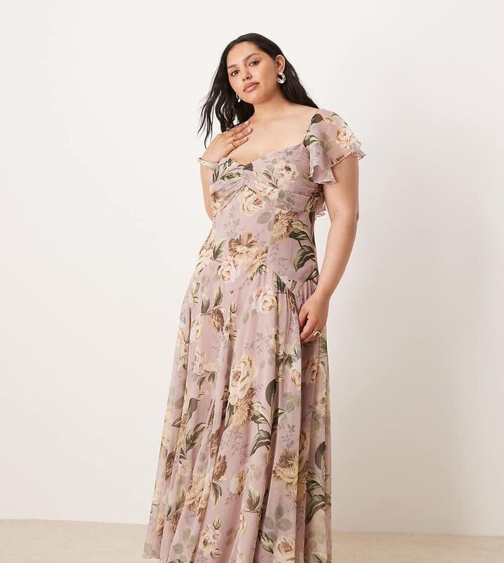 ASOS Curve ASOS DESIGN Curve dropped waist full skirt midi dress in lilac floral print