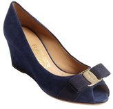 Thumbnail for your product : Ferragamo navy suede logo bow tie detail 'Sissi' wedged pumps