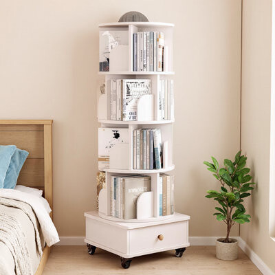 Rotating Bookshelf with Drawer - 360° Display 5 Tier Corner Bookshelf for Small Spaces, Floor Standing Wood Bookcase