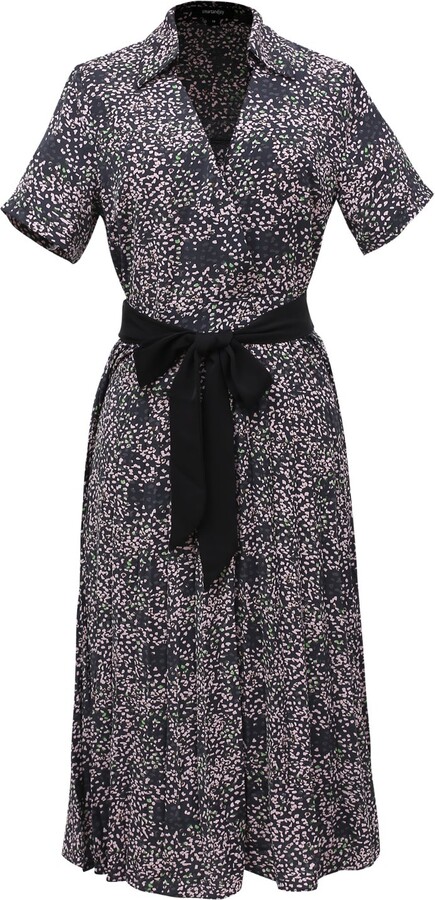 Smart and Joy Black Pleats Printed Tea Dress And Added Belt - Navy & Pink