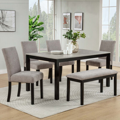 Latitude Run 6-Piece Dining Table Set With Bench Kitchen Table With Concrete-Effect Melamine Tabletop And 4 Upholstered Chairs For Dining Room Kitchen Restauran