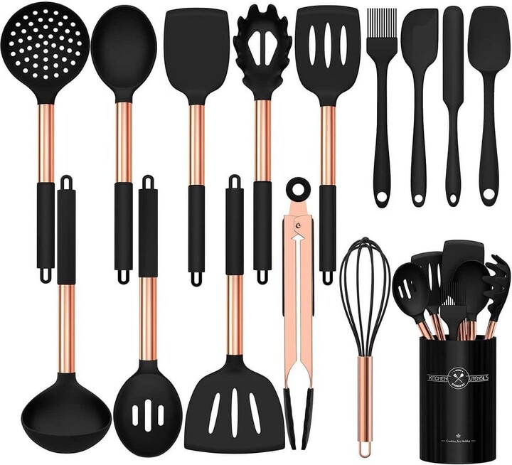 Wudkey 15-Piece Silicone Cooking Kitchen Utensils Set, Non-Stick Kitchen Cookware with Stainless Steel Handle, Rose Gold
