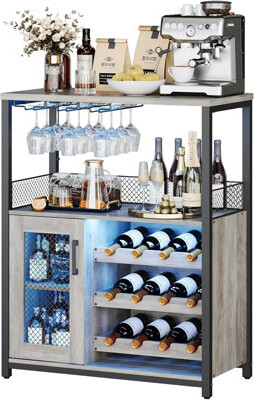 17 Stories Wine Bar Cabinet with LED Lights, Liquor Cabinet Bar with Storage, Detachable Wine Rack, Glass Holder & Mesh Door, Small Coffee Buffet Sideboard for D