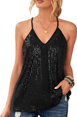 DOBEI Women's Plus Size Sequin Glitter Sparkly Spaghetti Tank Top Vest Cami  Camisole Clubwear for Nightclub Party Womens Oversized Deep V Neck Straps  Off Shoulder Cool Tunic Crop Tops T Shirts Blouses 