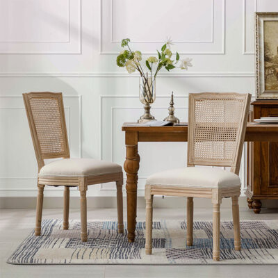 Ophelia & Co. French Style Solid Wood Frame Linen Fabric Square Back Dining Chair,Set Of 2