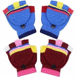 Cooraby Kids Winter Half Finger Mittens Convertible Flip Top Fingerless Gloves for Boys Girls