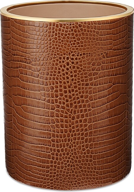 AERIN Classic Croc Embossed Leather Wastebasket in Chestnut