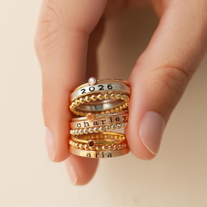 Etsy Personalized Name Ring Set | Beaded Band Birthstone Fine Silver