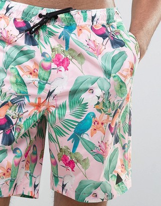 ASOS TALL Swim Shorts In Pink Tropical Floral Print With Triangle Logo In Mid Length