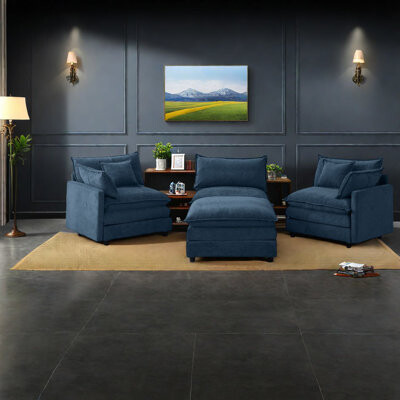 Latitude Run Comfortable L-shaped Chenille Sofas, Modern Blue Sectional For Home