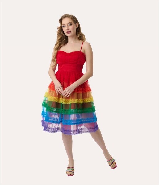 Unique Vintage Women's Tiered Sheer Midi Dress Rainbow XS/2