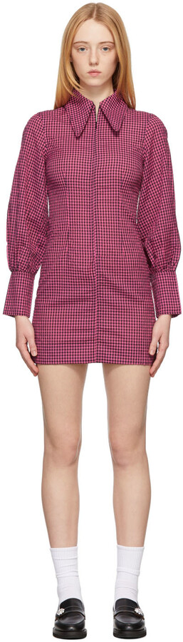Ganni Pink Black 3/4 Zip Seersucker Mini Dress ShopStyle
