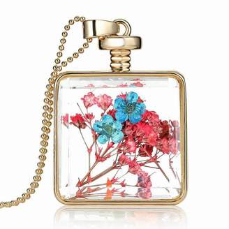 OAKKY Women's Dried Pressed Flower Real Plant Glass Wishing Bottle Pendant Necklace Gold Plated, Rose Red